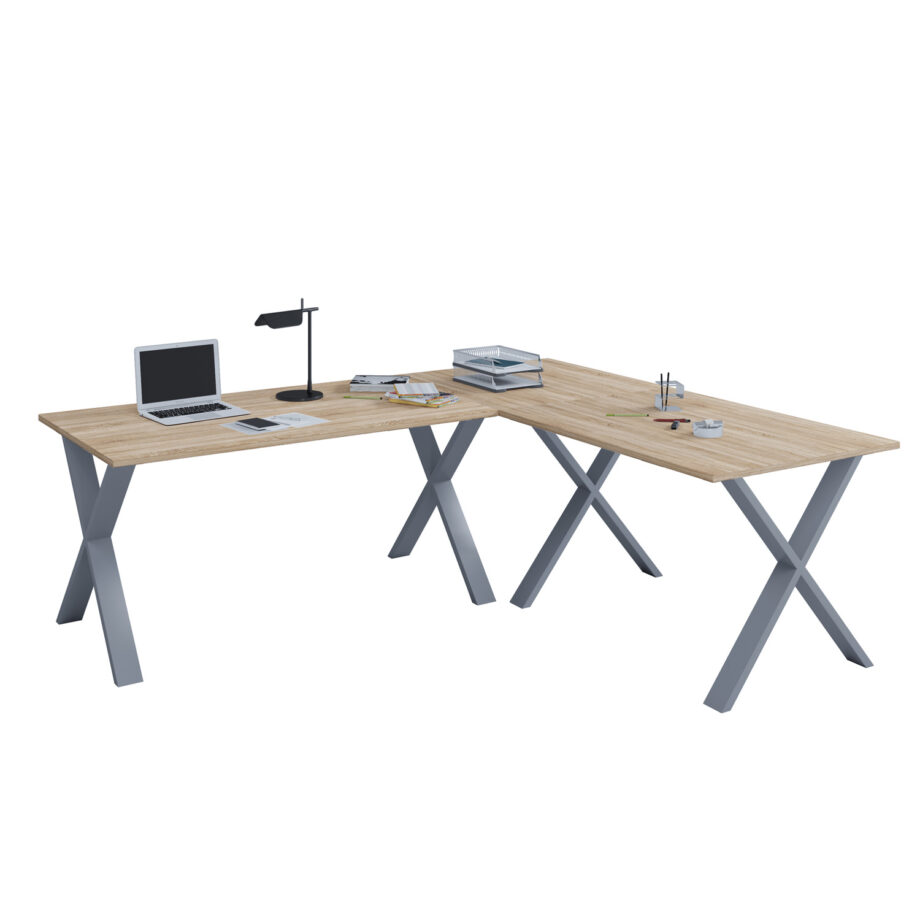 Lona X-feet hjørneskrivebord - natur træ og sølvgrå metal (220x220x80) Grå
