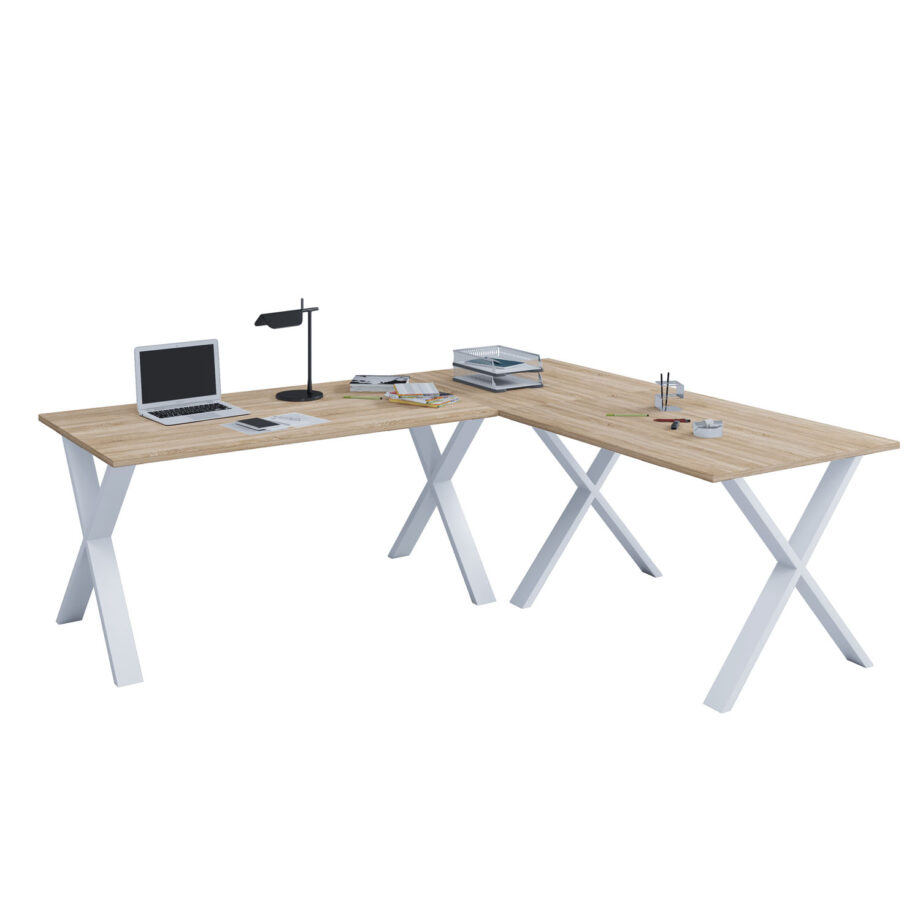Lona X-feet hjørneskrivebord - natur træ og hvid metal (190x190x50) Hvid