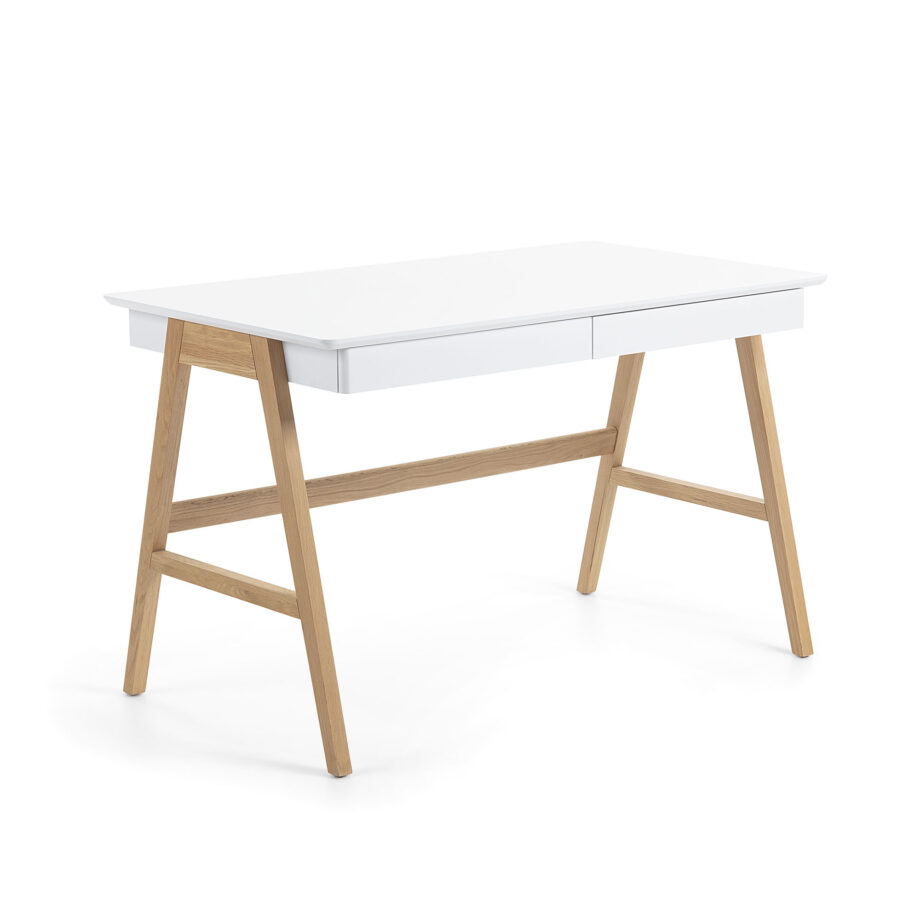 KAVE HOME Ingo skrivebord - hvid/natur MDF/egetræ, m. 2 skuffer Hvid